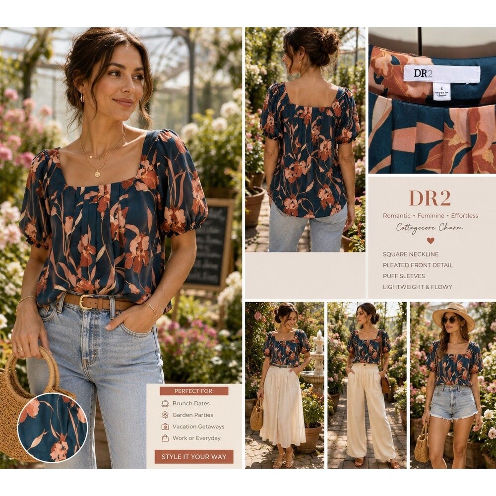 DR2 Floral Puff Sleeve Square Neck Blouse Top Women S Romantic Cottagecore Chic